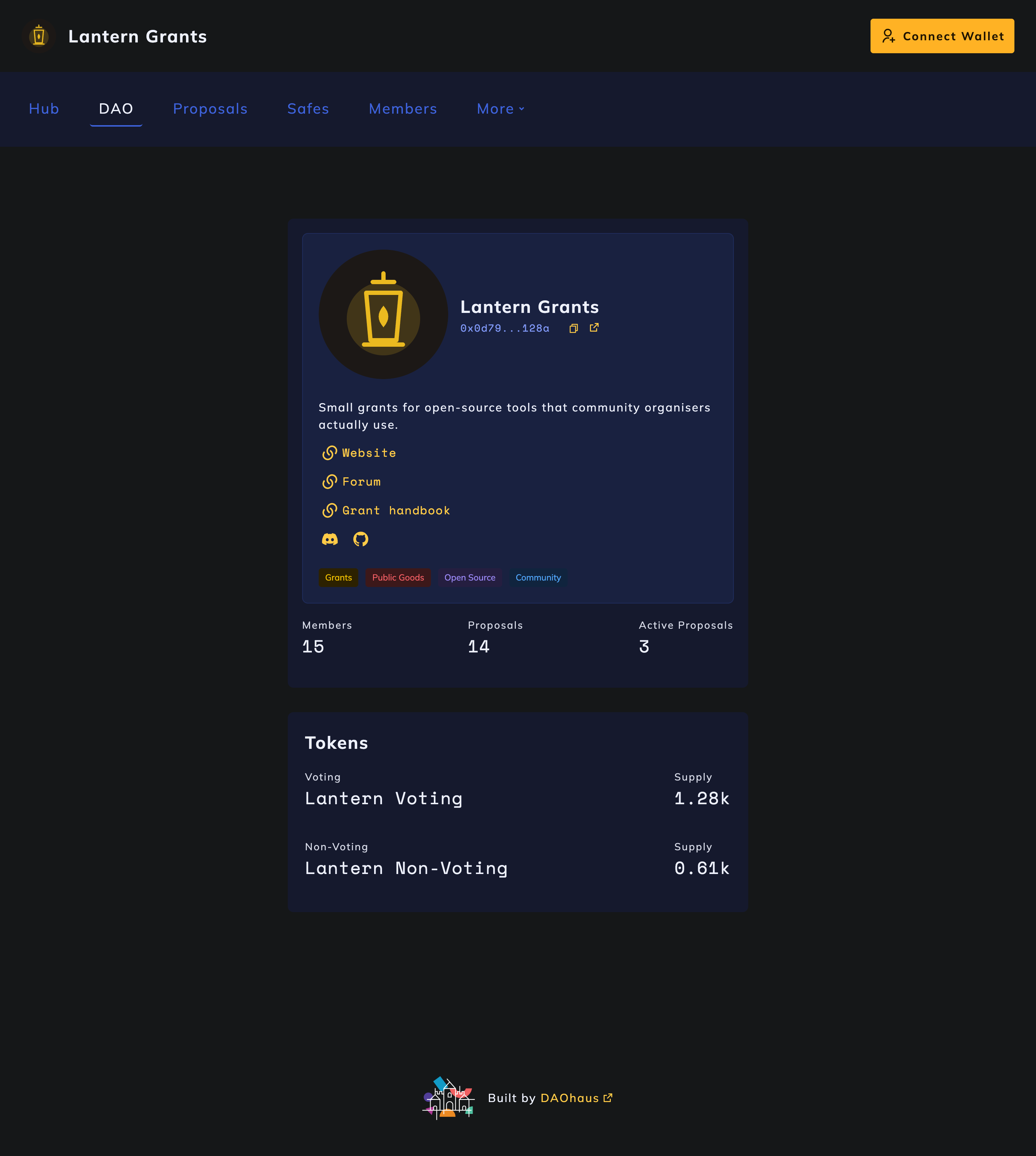 The v3 overview for the invented DAO Lantern Grants: its profile, links and tags, counts of members and proposals, and its two tokens.