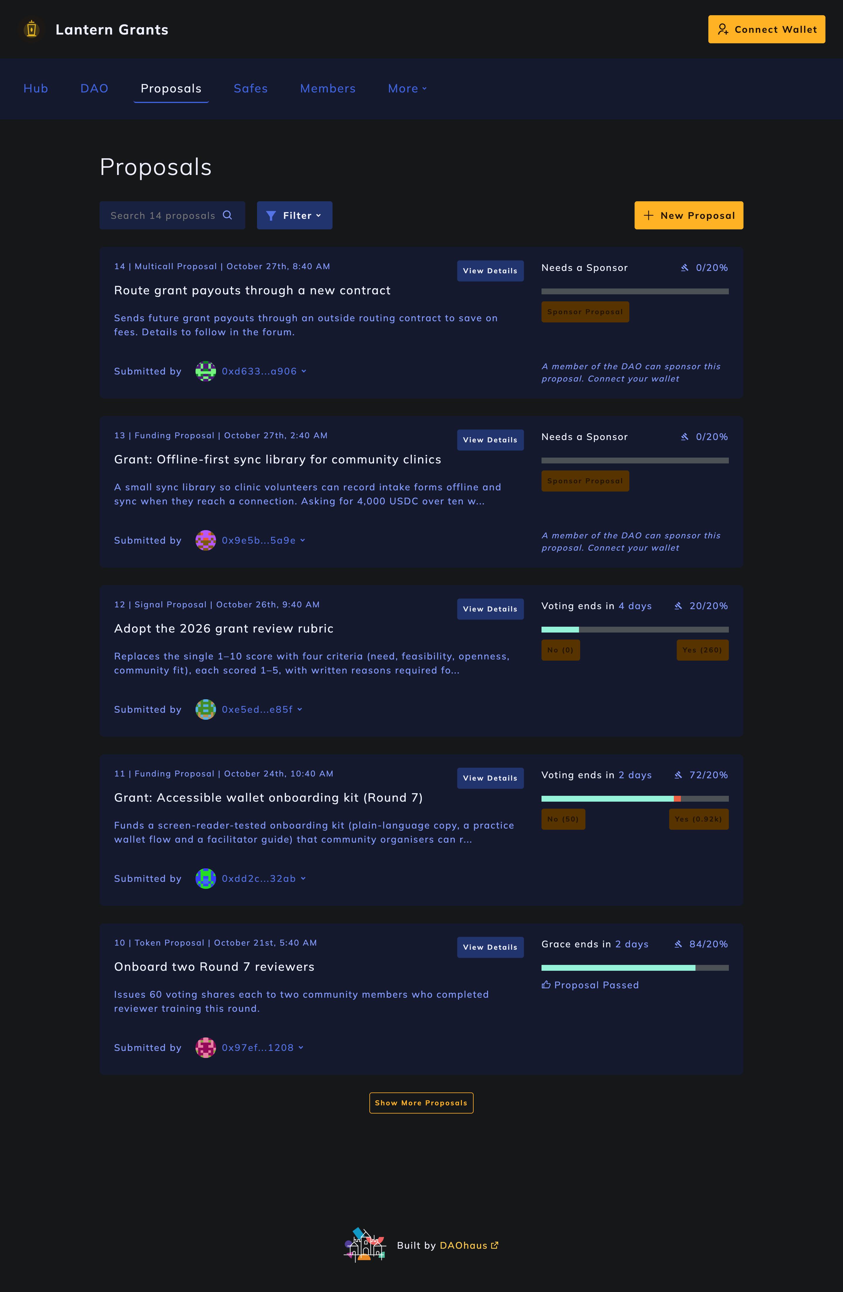 The v3 proposals list. Each card pairs a proposal's summary with its status, from needing a sponsor to voting and the grace period.