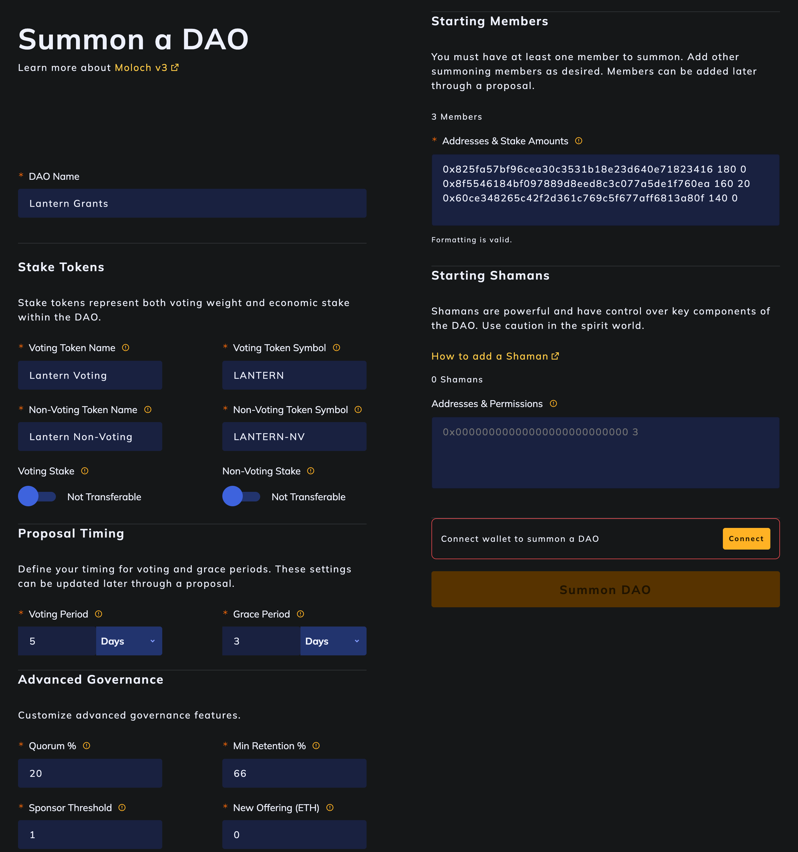 The v3 summoner, the single form that creates a new DAO, filled in for an invented DAO. Each section explains itself in plain words, from what stake tokens are to a warning that shamans are powerful.