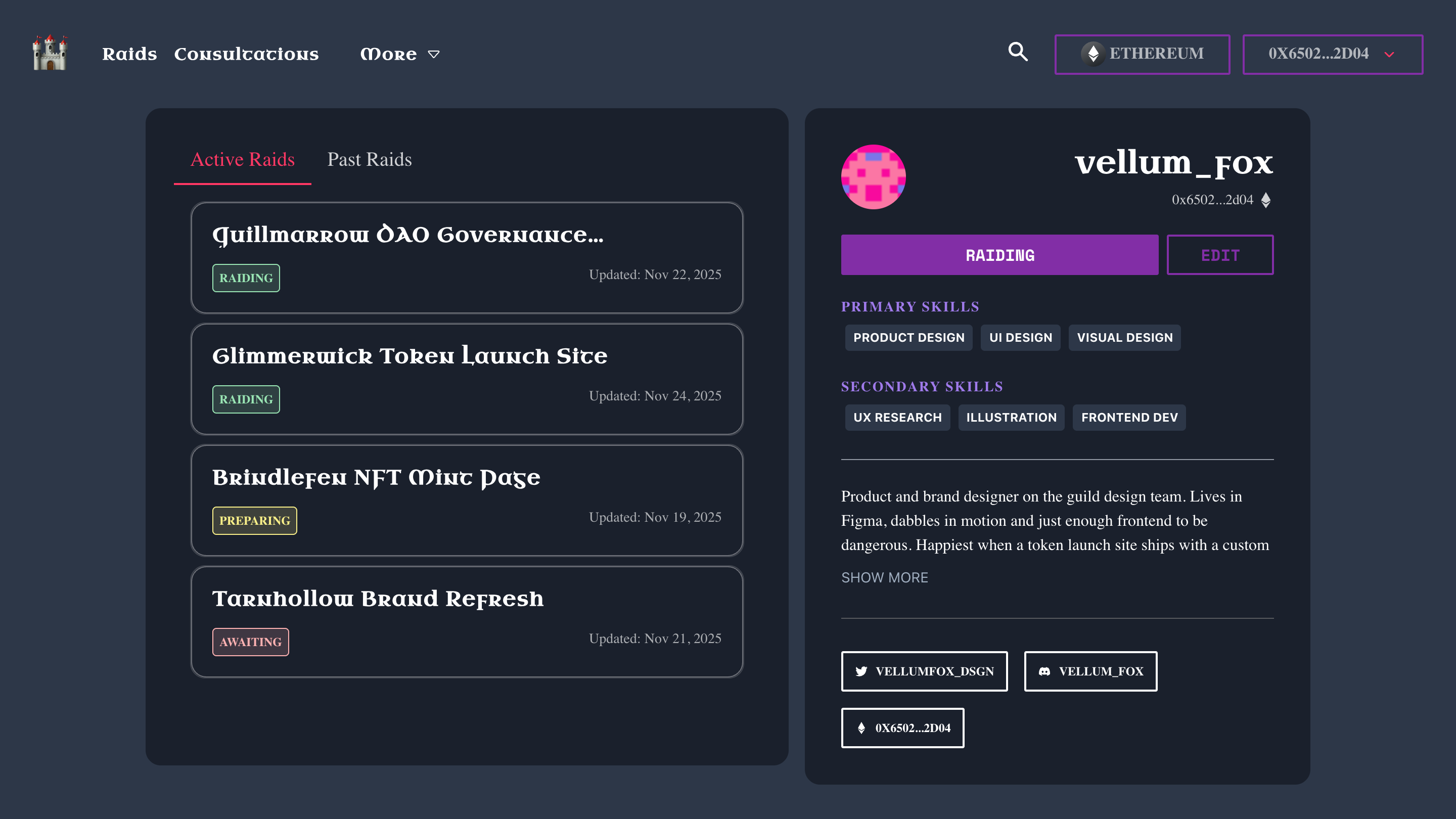 The Dungeon Master dashboard: a member's active raids with status badges on the left, and their profile card with skills and raiding status on the right.