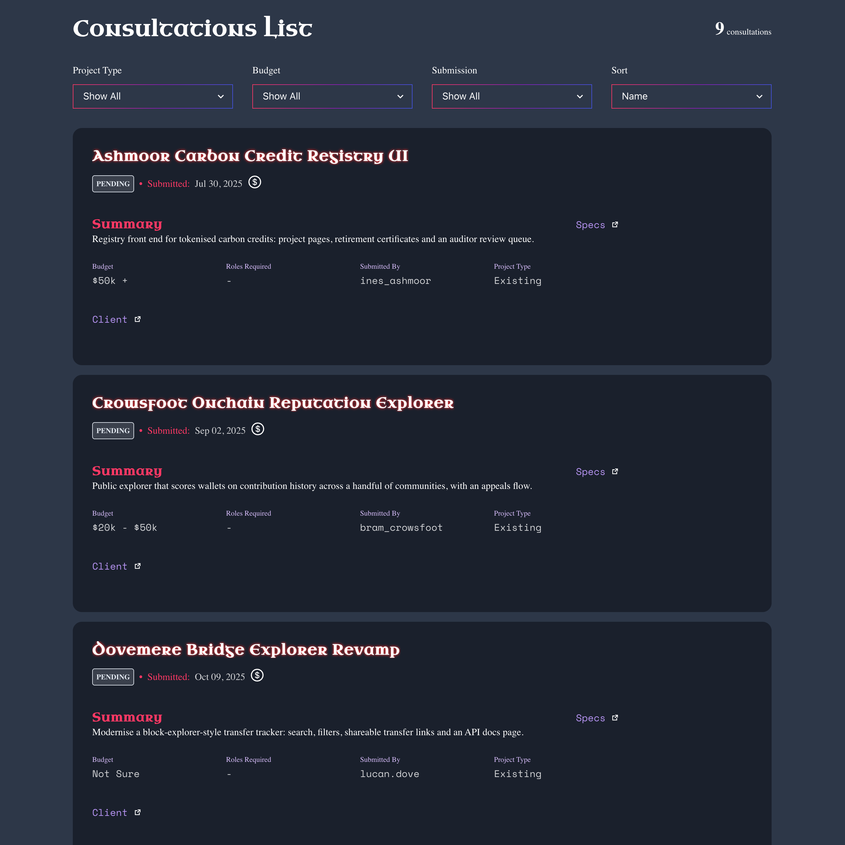 Dungeon Master's consultations list: a row of filters above three incoming client requests, each with a status, a summary, a budget, the submitter and the project type.