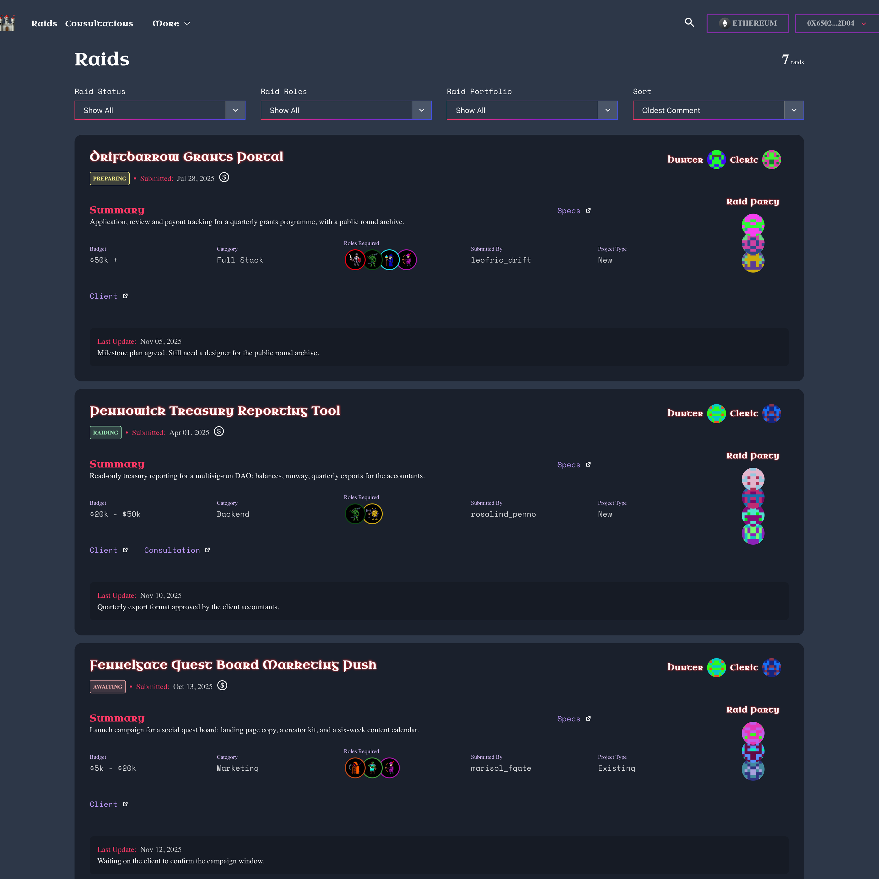 The raids list: filters above three raid cards, each showing a status, a summary, the budget, the category, roles required as class badges, the submitter, the Hunter and Cleric, the raid party and the last update.