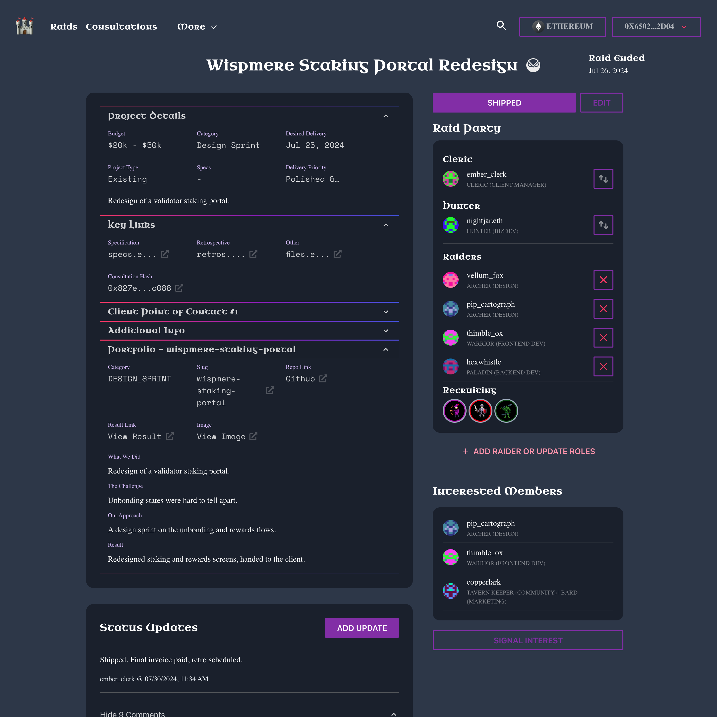 A shipped raid's page: project details, key links including the retrospective, and the portfolio entry on the left; the raid party with Cleric, Hunter, raiders and recruiting roles, then interested members and a Signal Interest button, on the right.