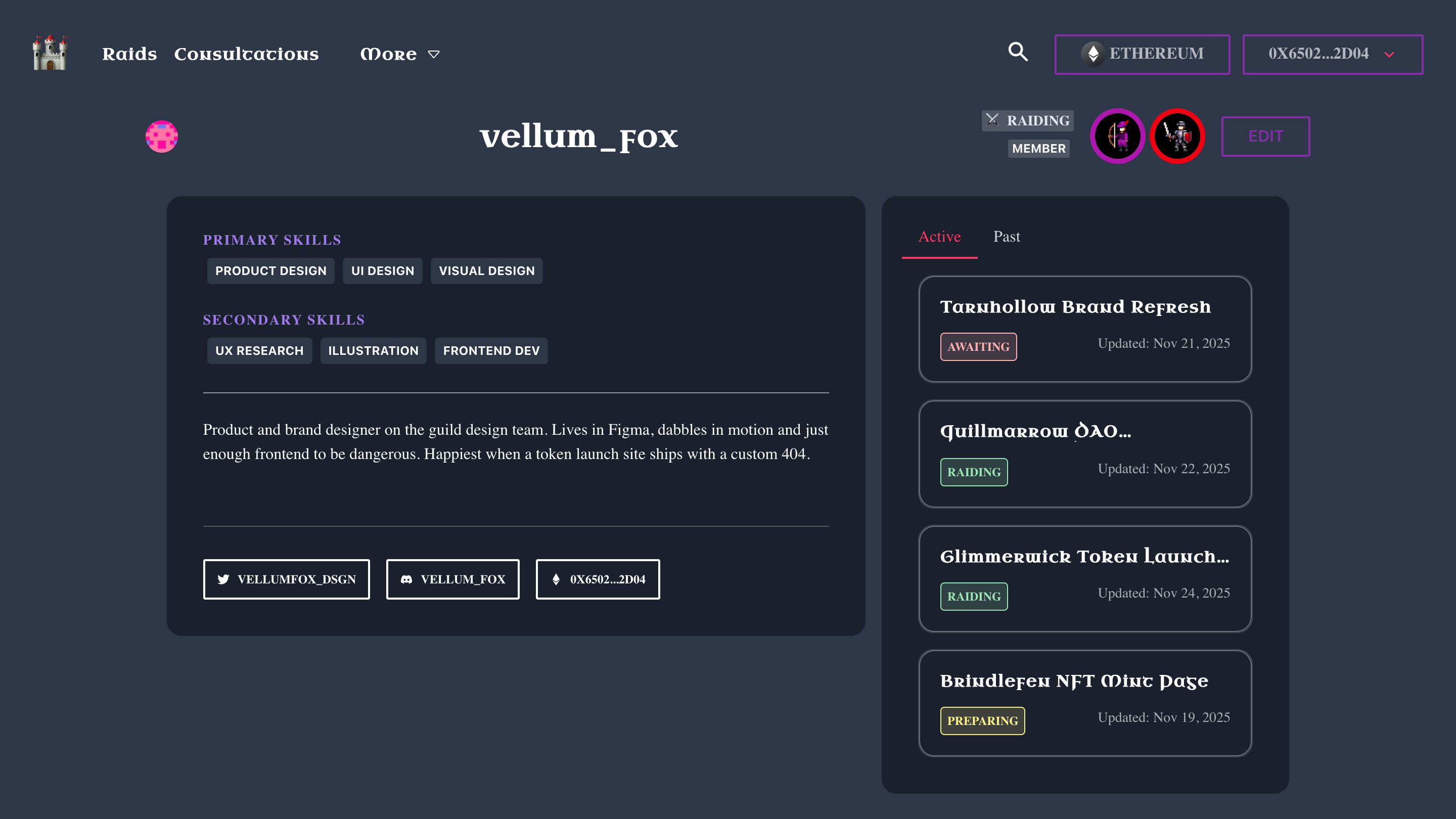 A member's profile page with primary and secondary skills, a bio, links, and their active raids.