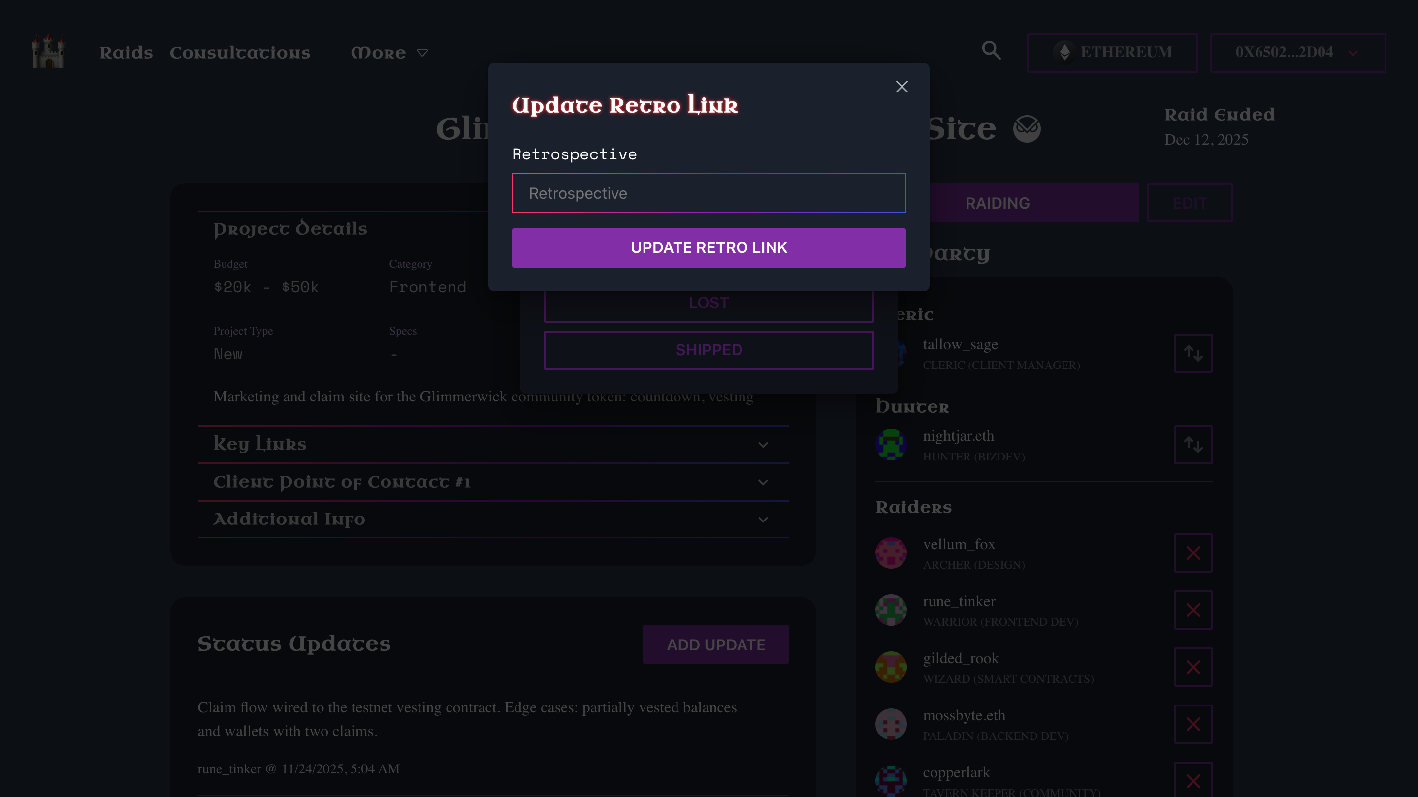 The Update Retro Link dialog that opens when a raid is marked shipped, asking for a retrospective link.
