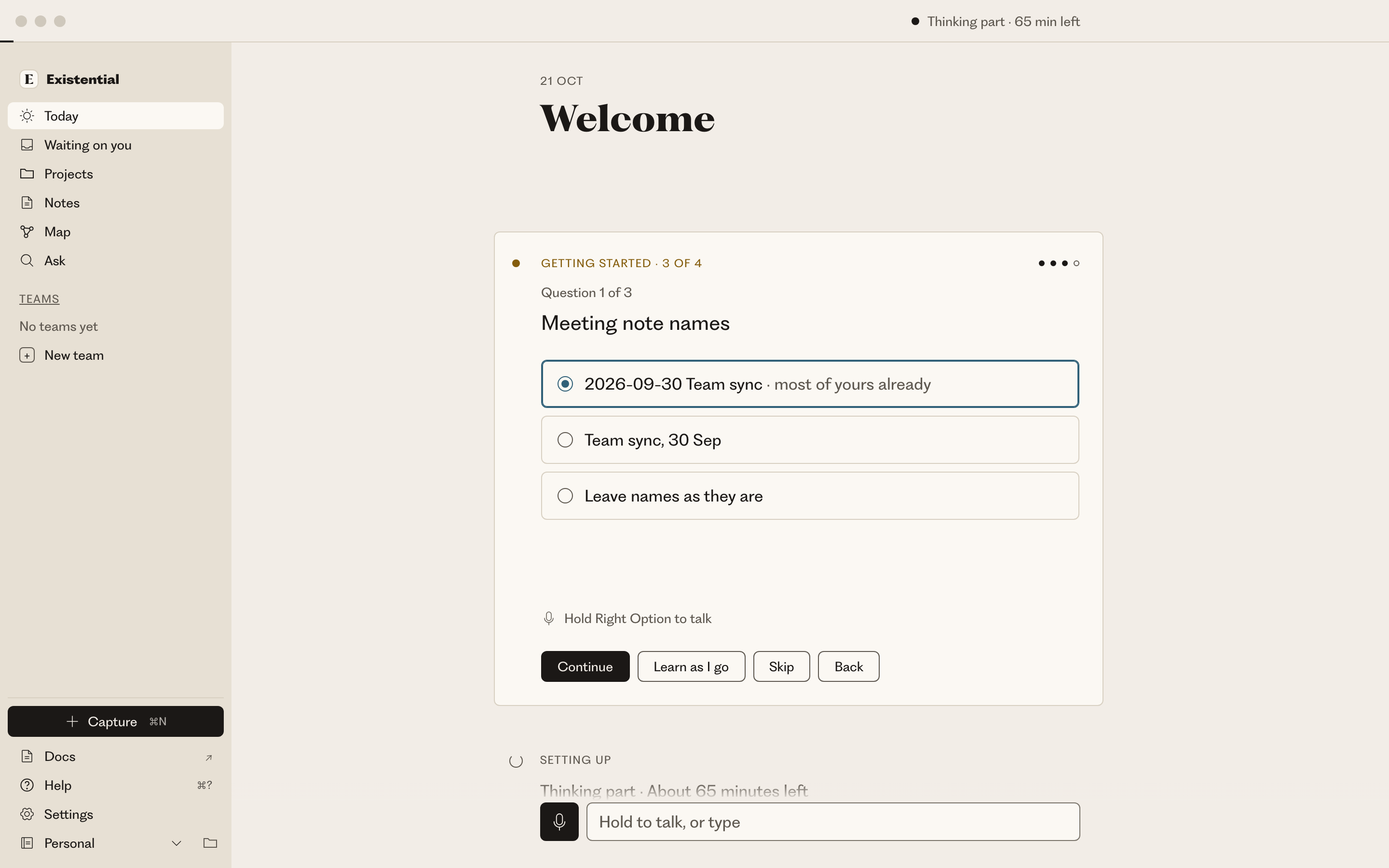A setup card asks how meeting notes should be named: date-first, date-last or as they are, with Learn as I go and Skip.
