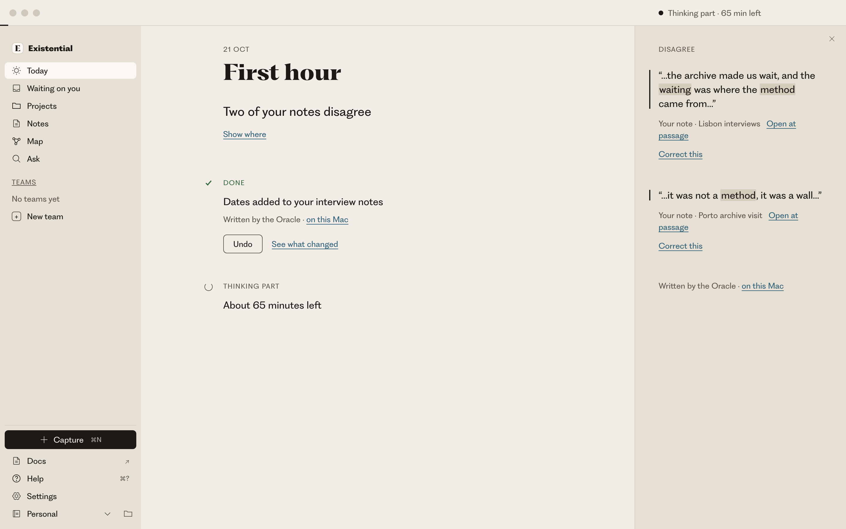 The first-hour screen: Two of your notes disagree, with both passages quoted in a side panel, and a small tidying change below with Undo.