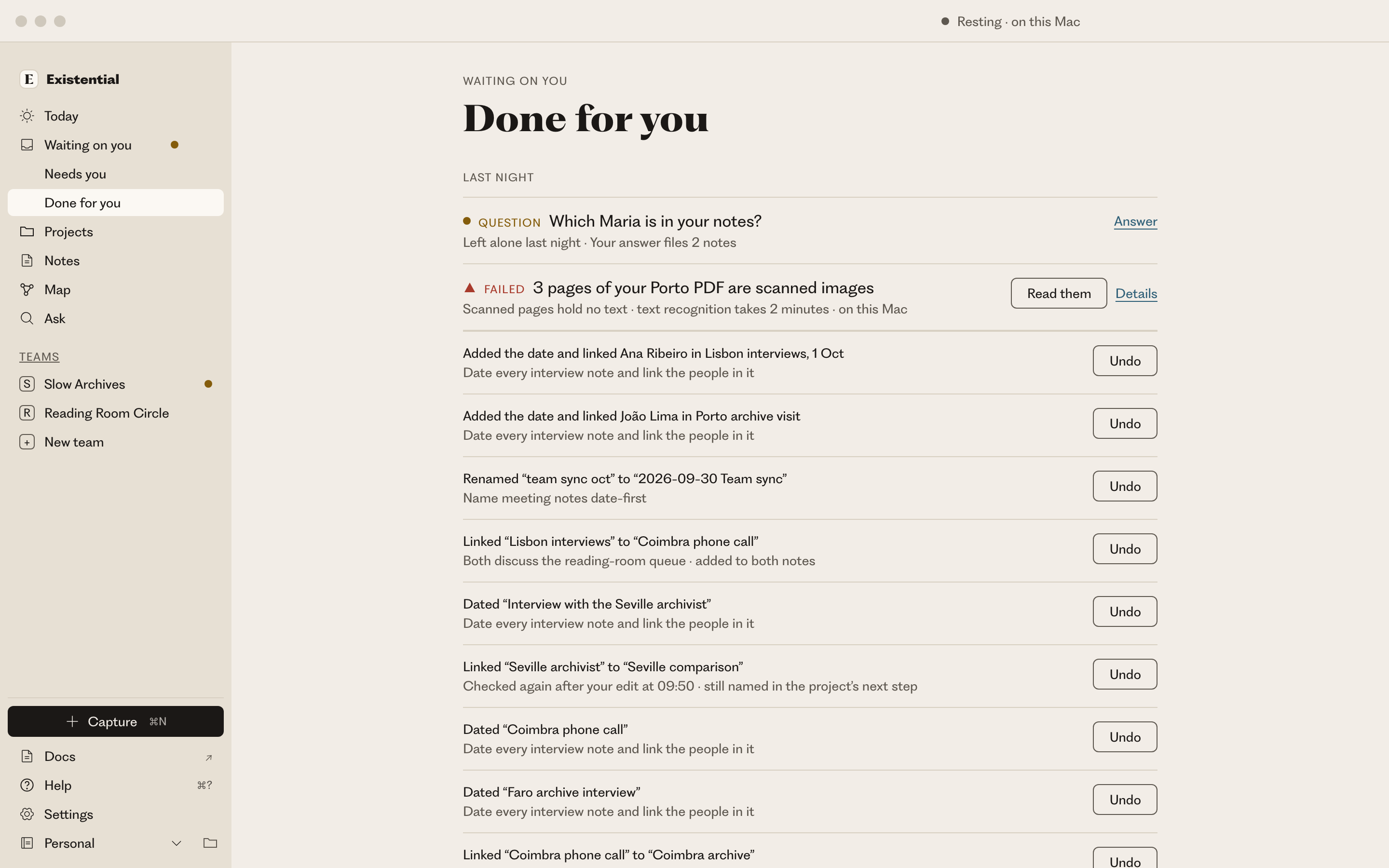 The Done for you list: an open question, a failed task with its reason, then one row per change with its rule and Undo.