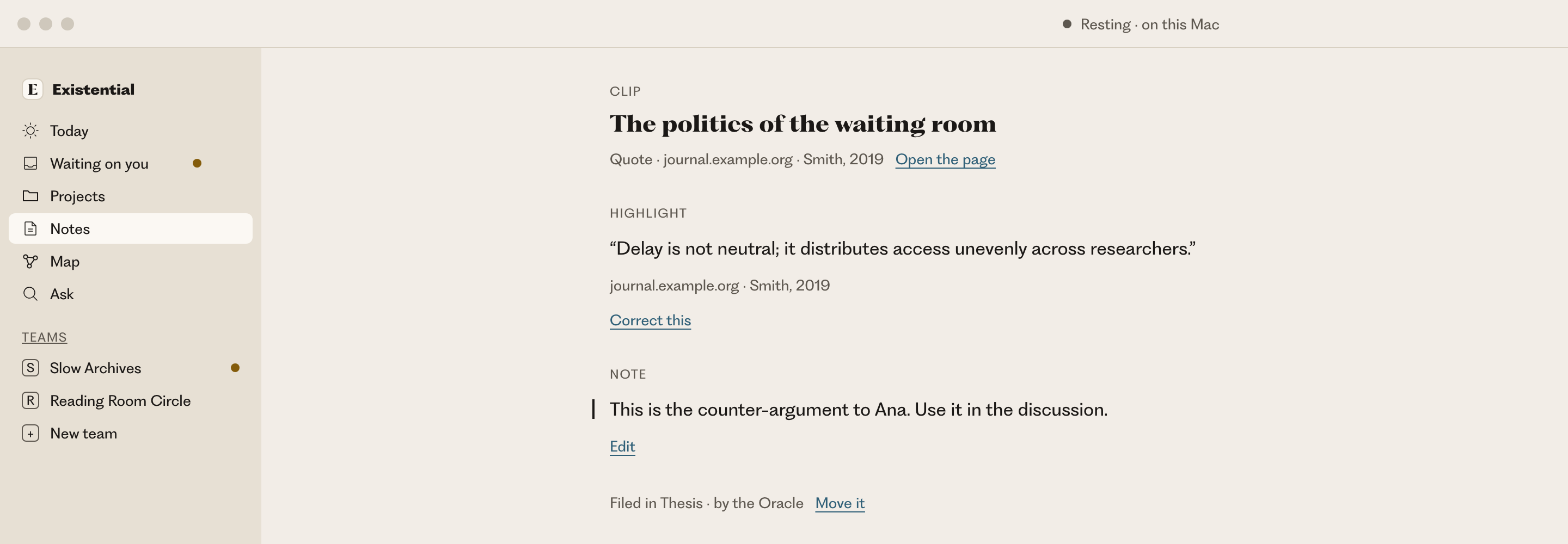 A clipped web page labelled as a quote with its author and source, and the person's own note about it kept separately below.