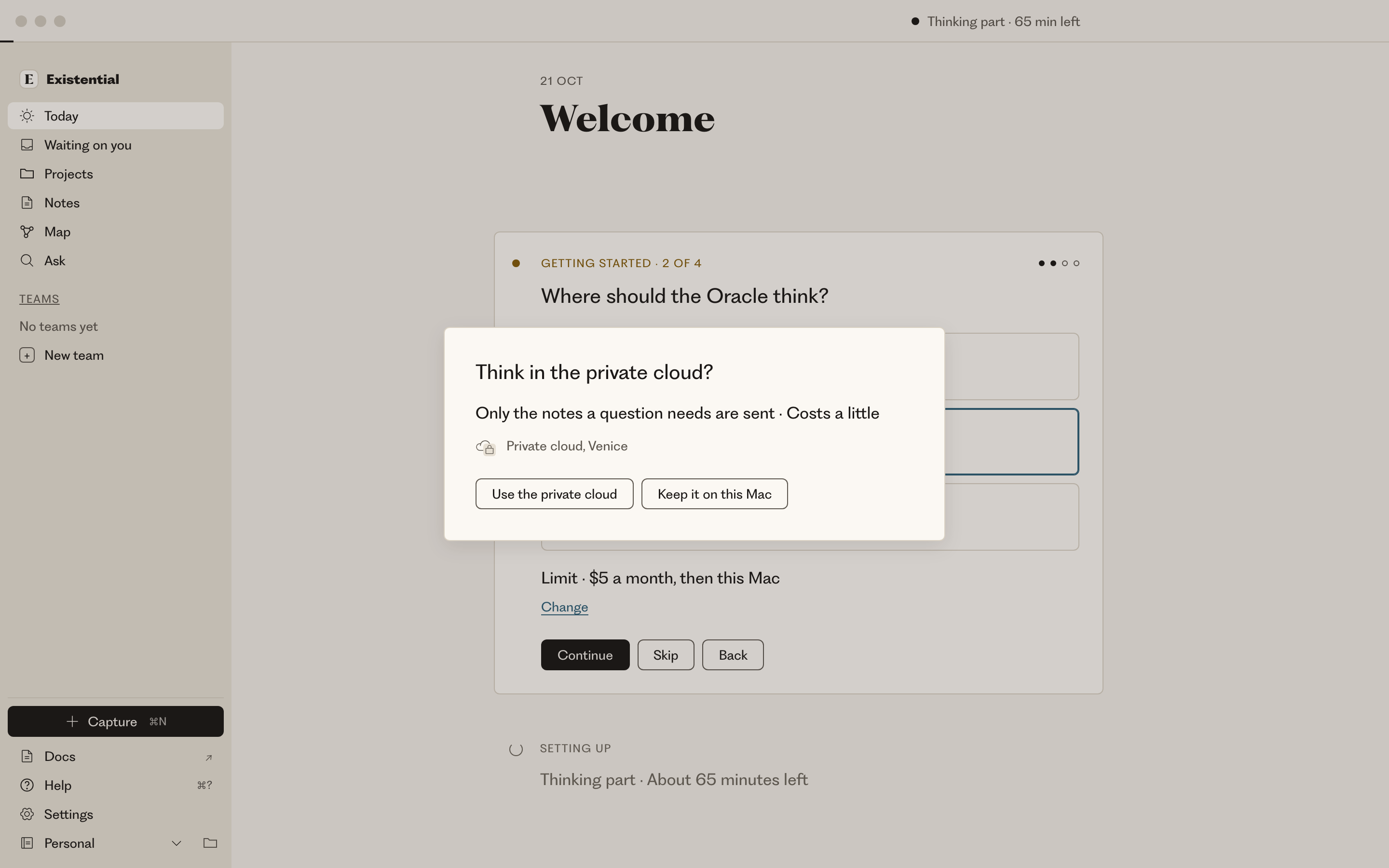 A dialog asks Think in the private cloud? Only the notes a question needs are sent, with equal buttons: Use the private cloud, and Keep it on this Mac.