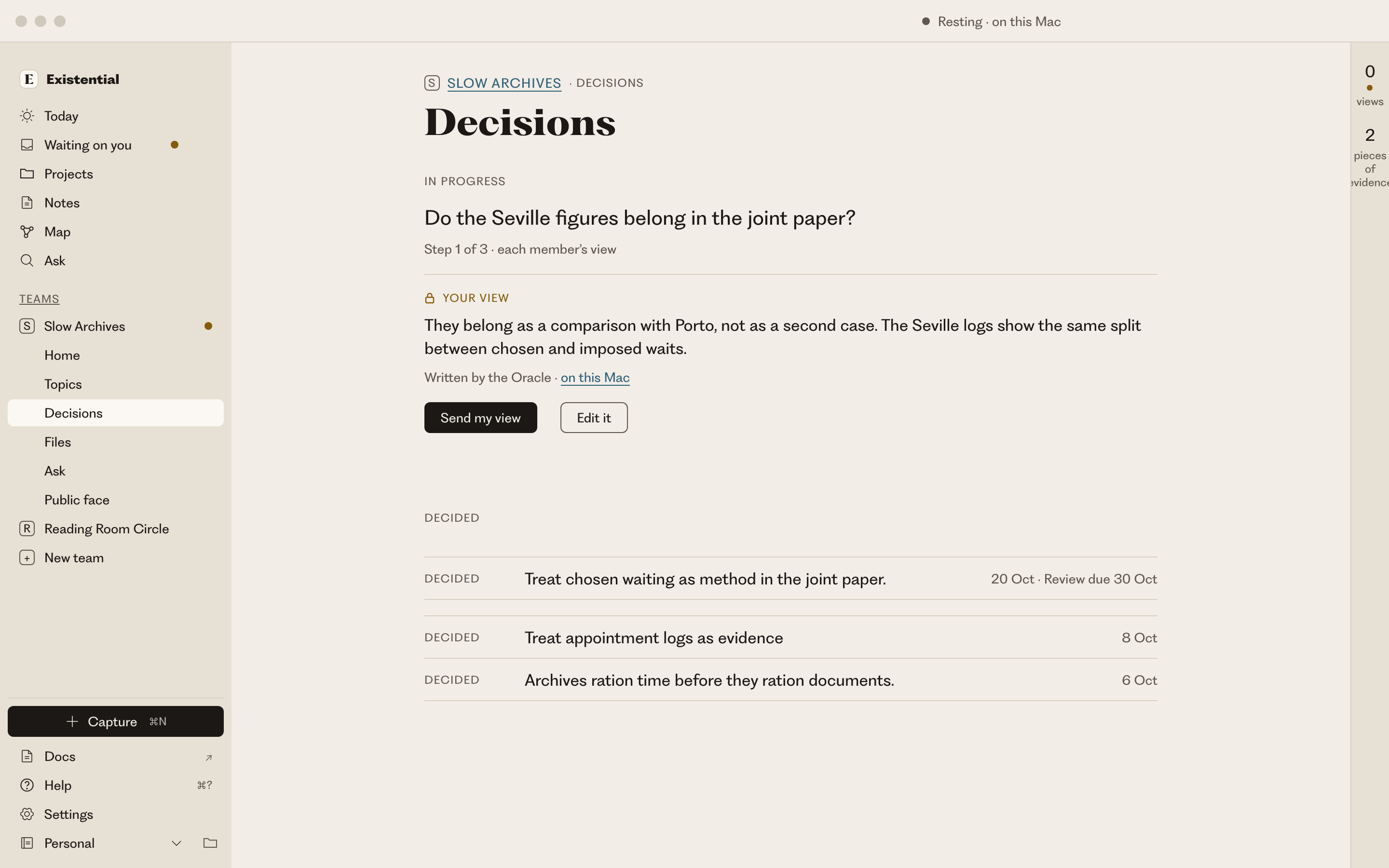 A team's Decisions page: a decision in progress collects each member's view first, with this member's private draft, Send my view and Edit it.